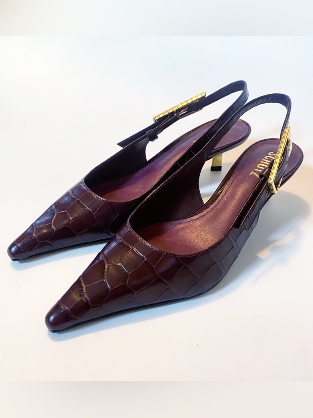 SCHUTZ Burgundy Croc-Embossed Pointed Slingback Heels with Gold Accent
